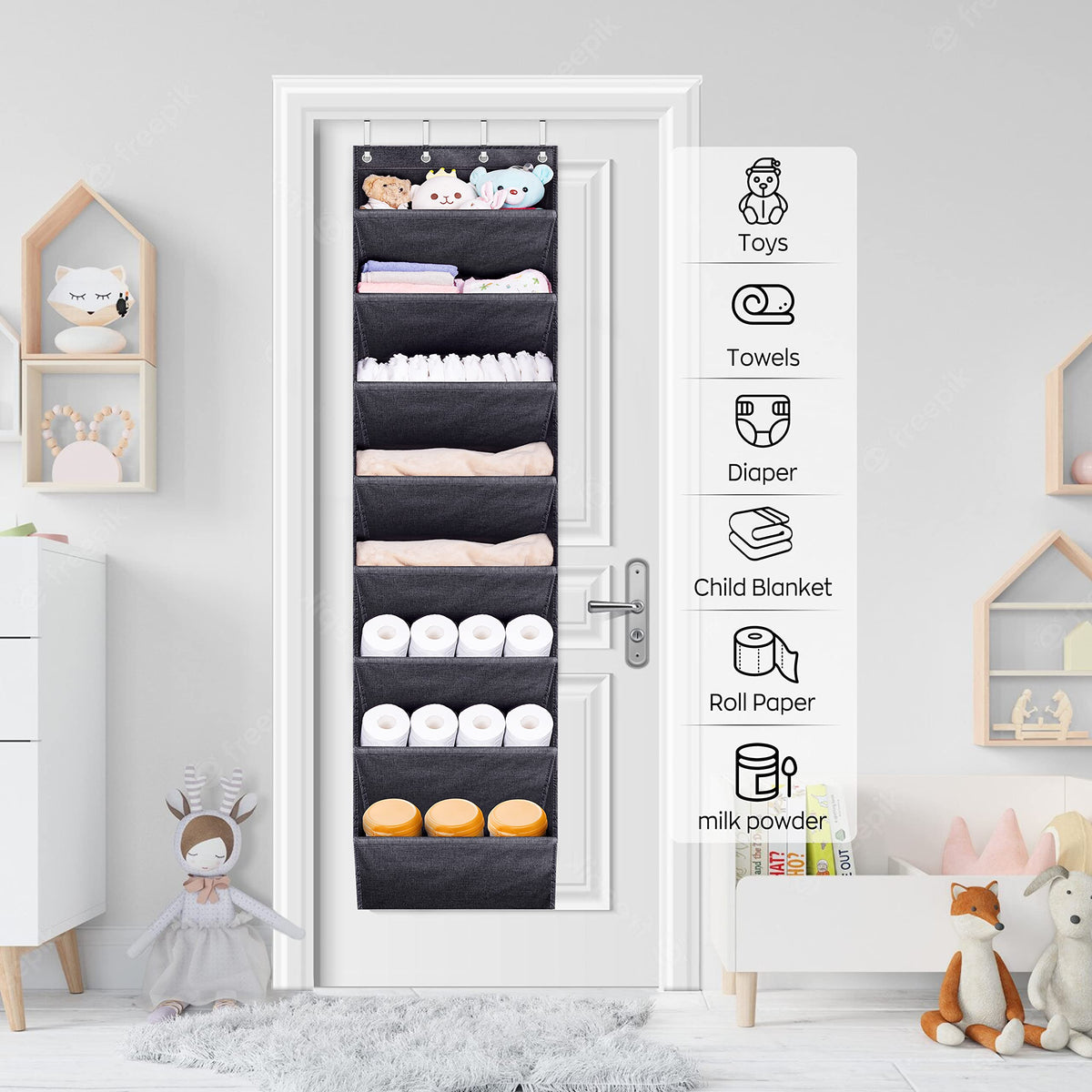 SLEEPING LAMB multi-use organizer with hooks for versatile mounting.