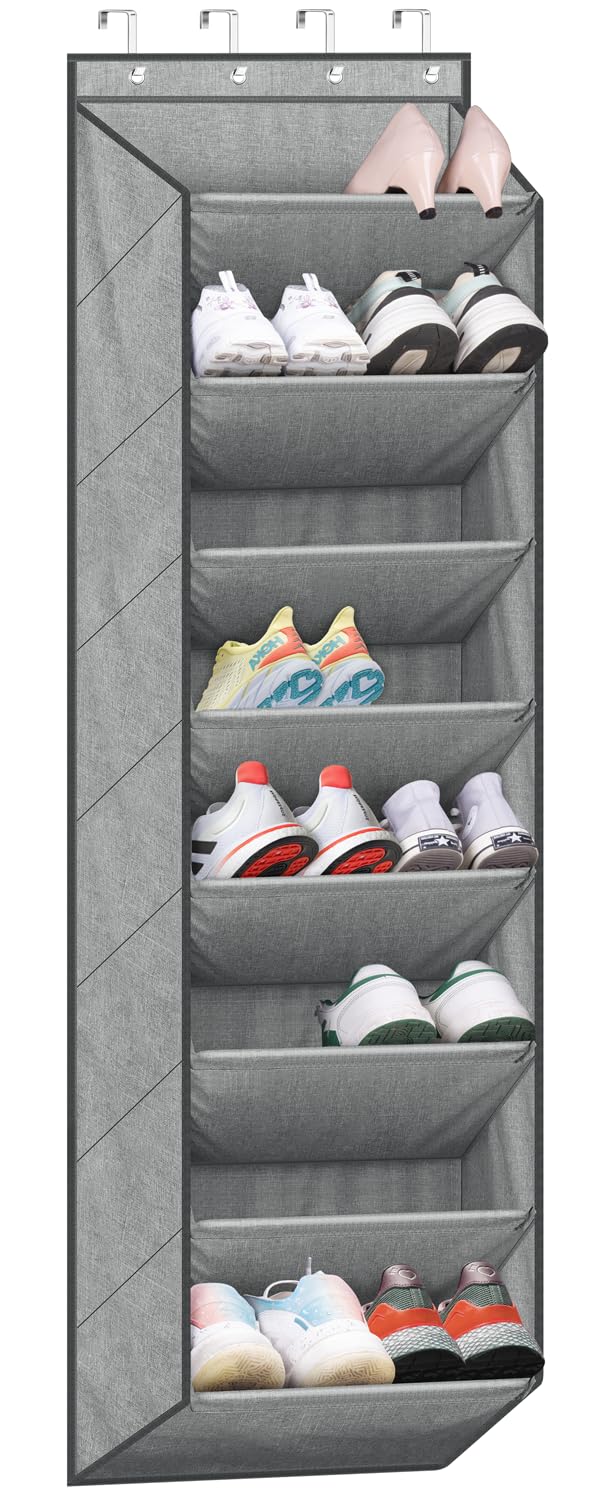 Sleeping Lamb over-the-door shoe organizer on a closet door offers ample storage.