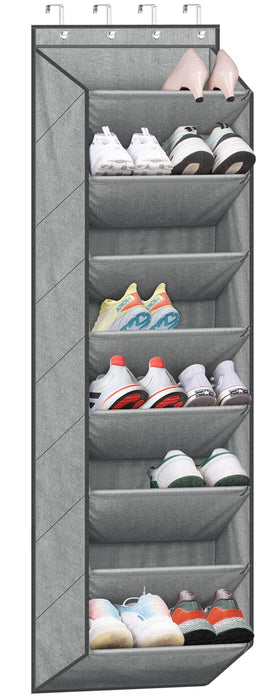 Sleeping Lamb over-the-door shoe organizer on a closet door offers ample storage.