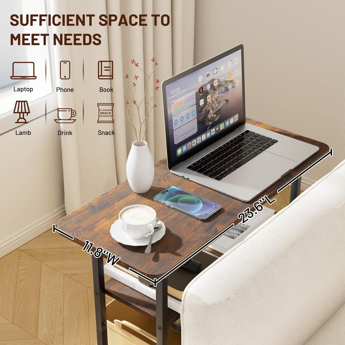 Sleeping Lamb side table three-tier storage keeps daily items organized and accessible.