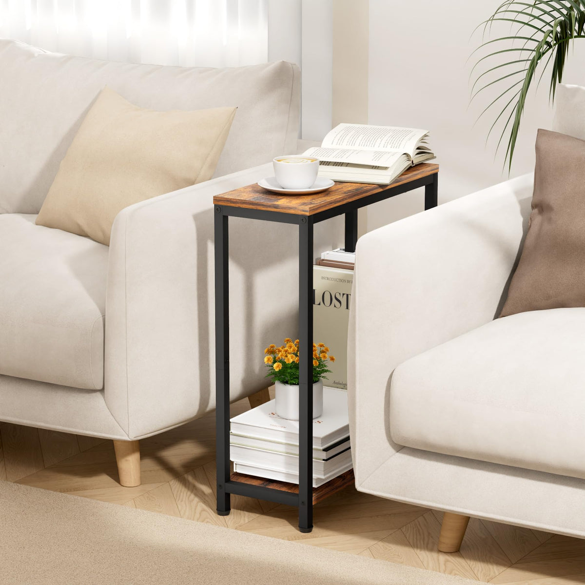 Sleeping Lamb slim end table complements living room decor with vintage style.