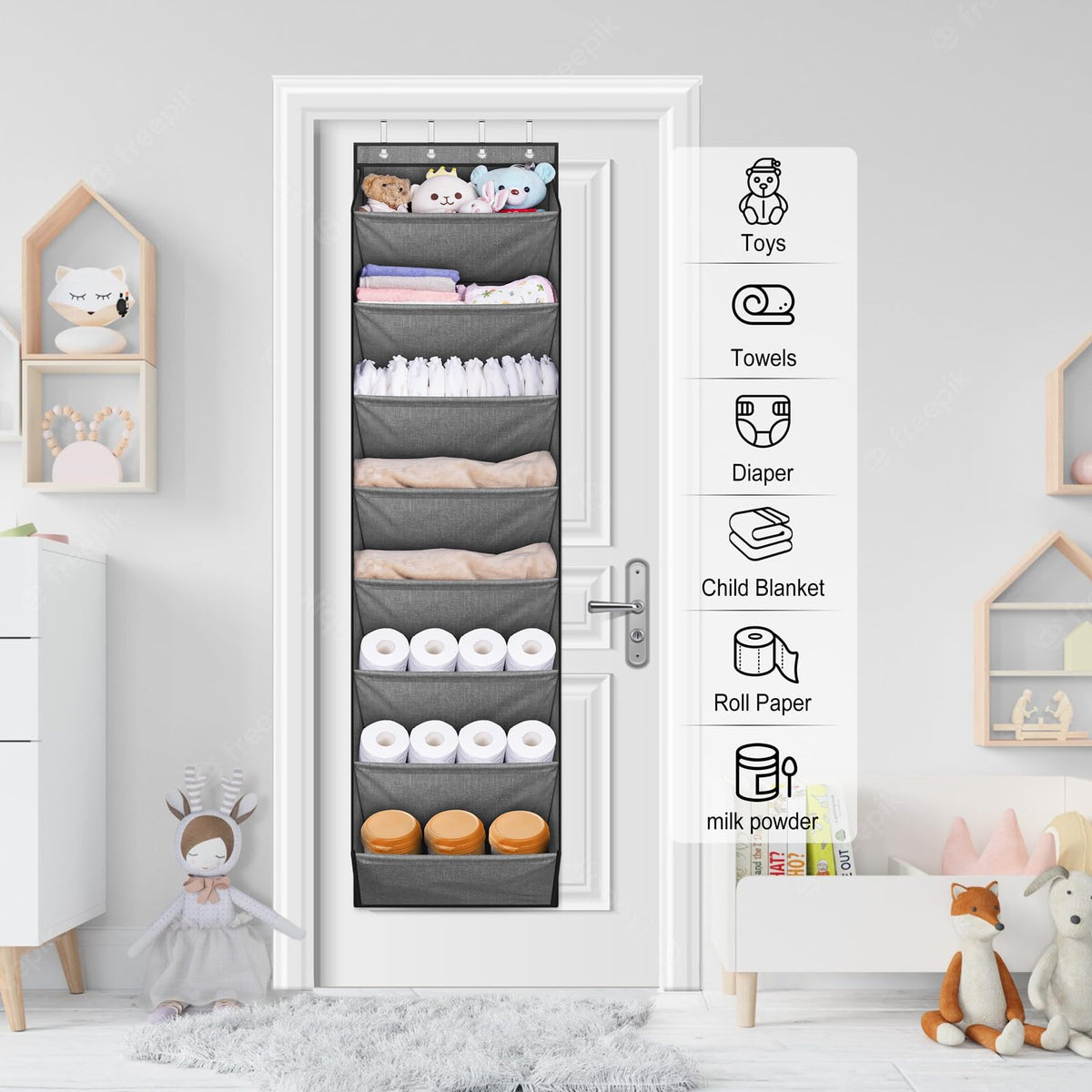 Sleeping Lamb versatile organizer suits bathroom, pantry, or entryways.