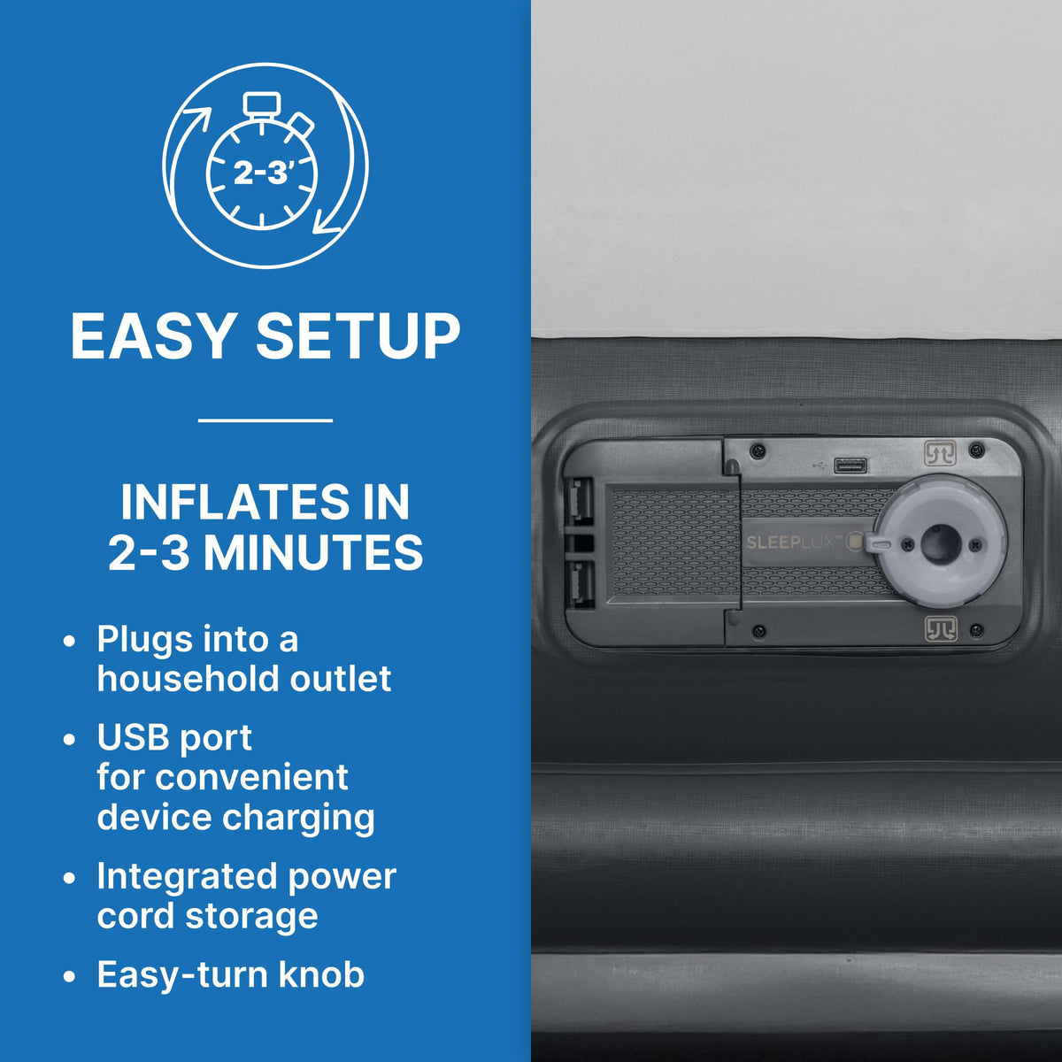 SLEEPLUX air mattress with pillow provides integrated head cushioning for better comfort.