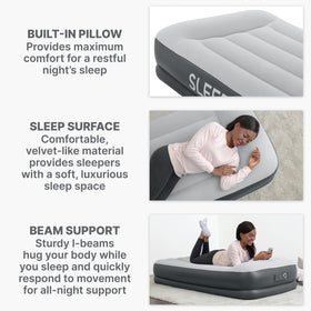 SLEEPLUX quick-inflate pump shows fast setup in minutes for convenience.