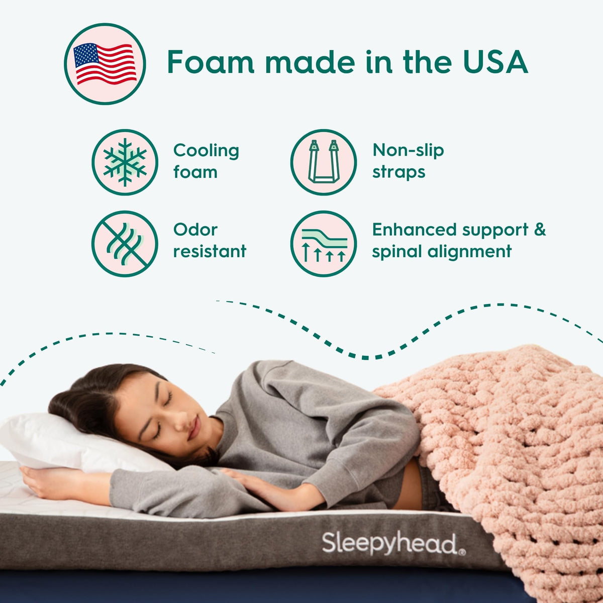 Four corner straps secure Sleepyhead topper to dorm bed