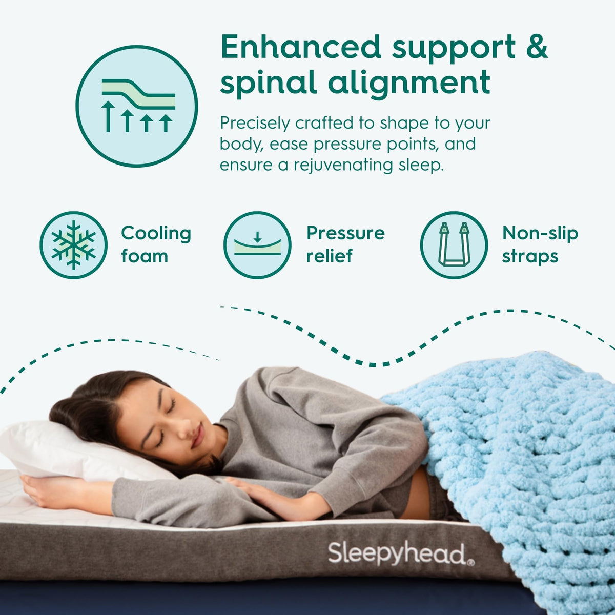 Sleepyhead Twin XL topper with corner straps stays in place on dorm beds.