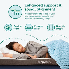Sleepyhead Twin XL topper with corner straps stays in place on dorm beds.