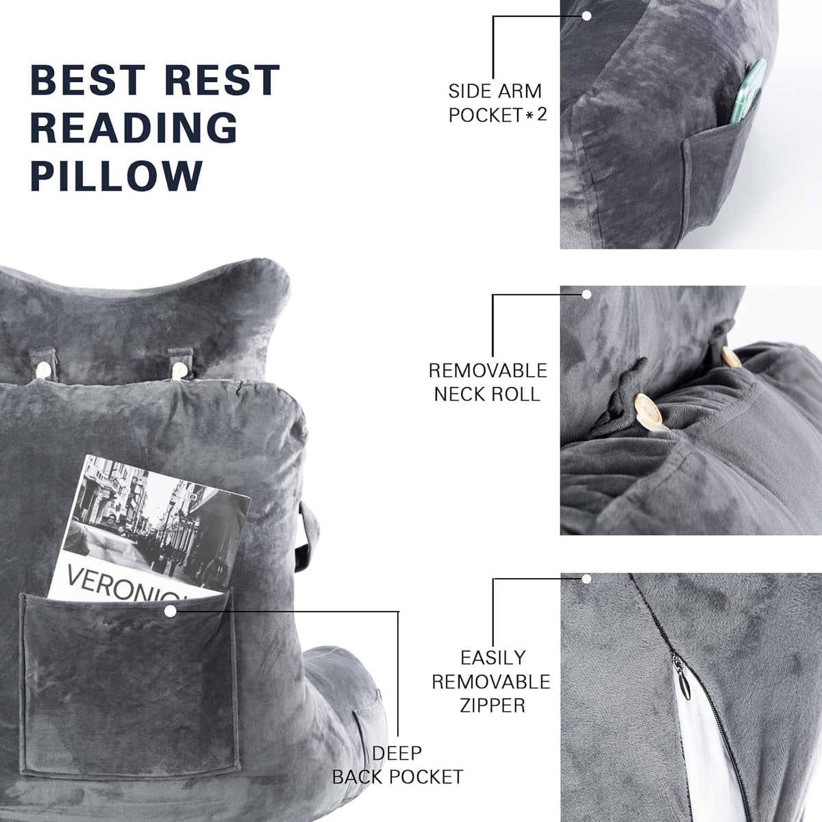 SLIGUY Reading Pillow features three pockets for remotes, phones, and magazines.