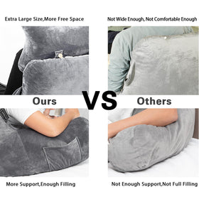 SLIGUY reading pillow with side pockets keeps remotes handy during relaxation.