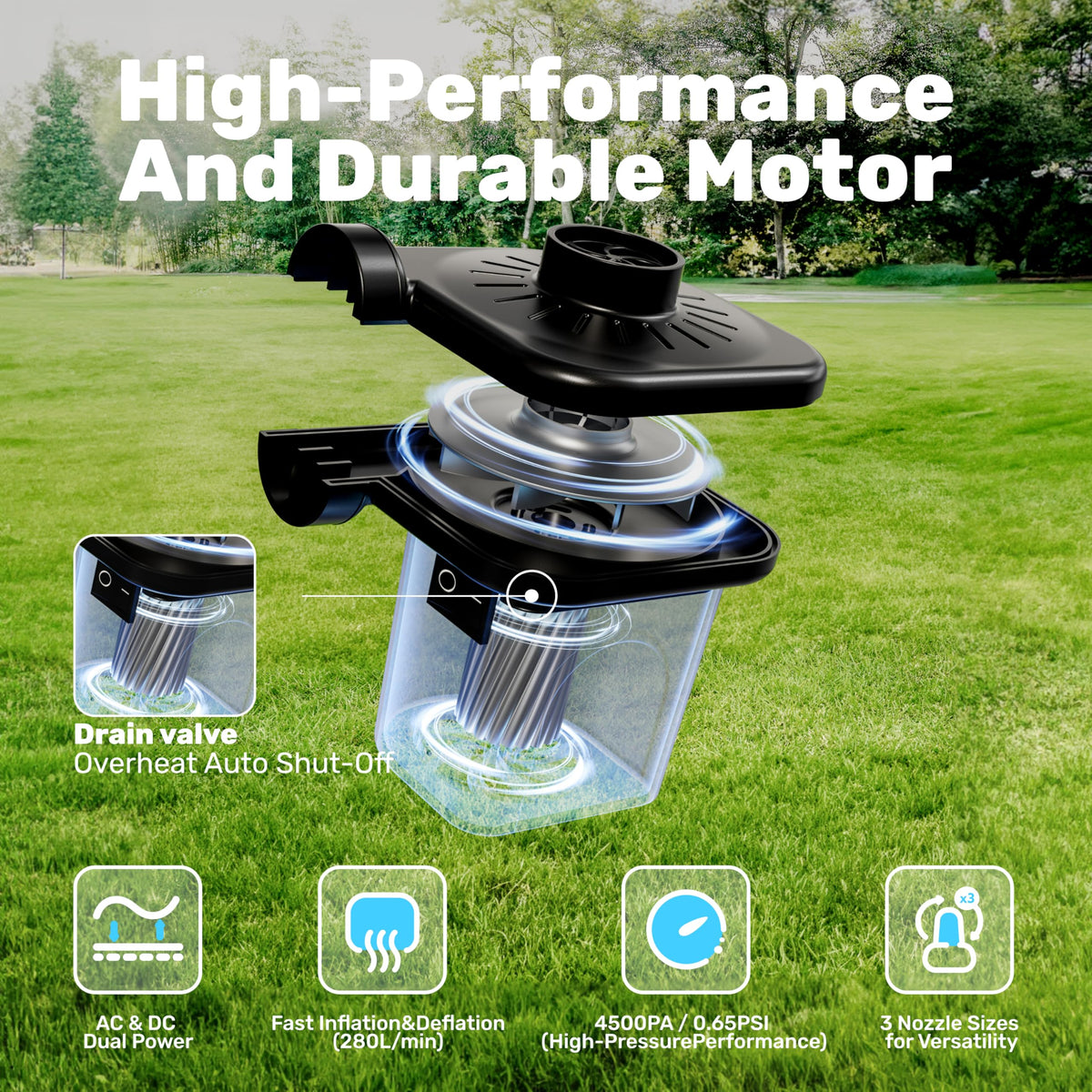SLOOSH electric air pump with three nozzles for versatile inflatables.