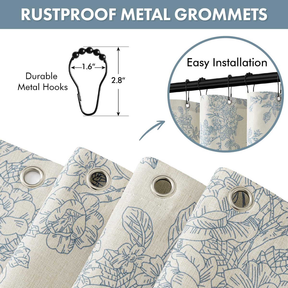 Slozzi shower curtain with 12 rustproof metal hooks for smooth, reliable daily hanging.