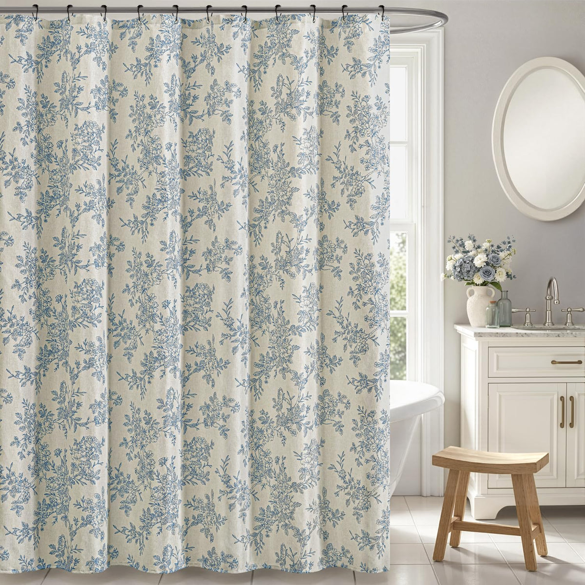 Slozzi linen blue floral toile shower curtain with cottage core charm and vibrant print for brighten bathroom.