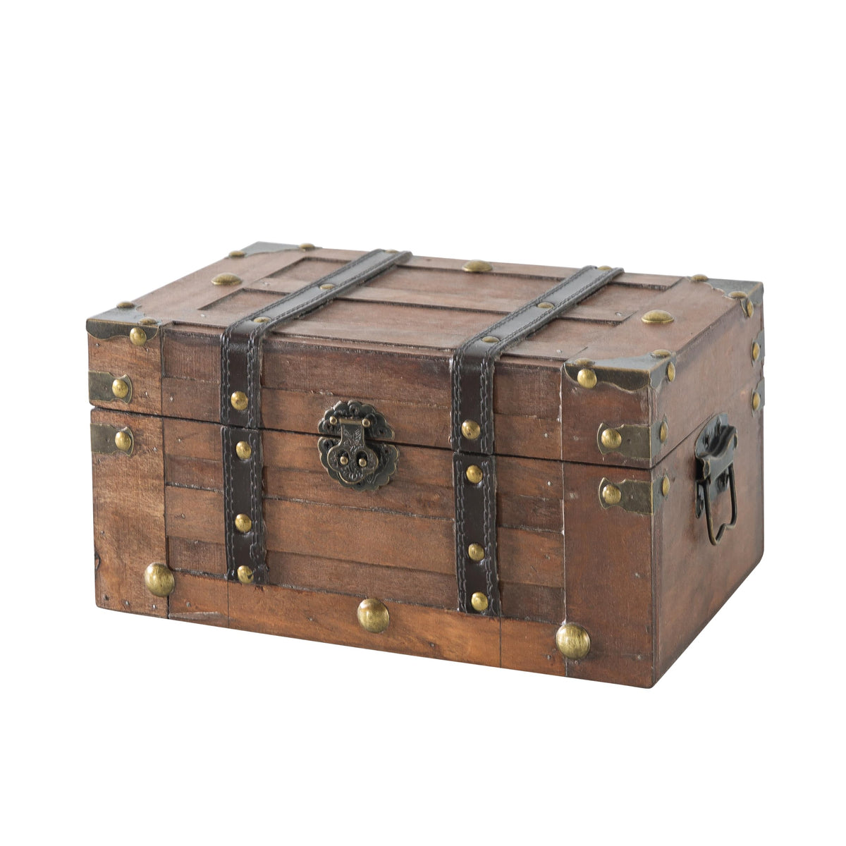 SLPR Alexander small wooden treasure chest front view with vintage hardware and compact storage