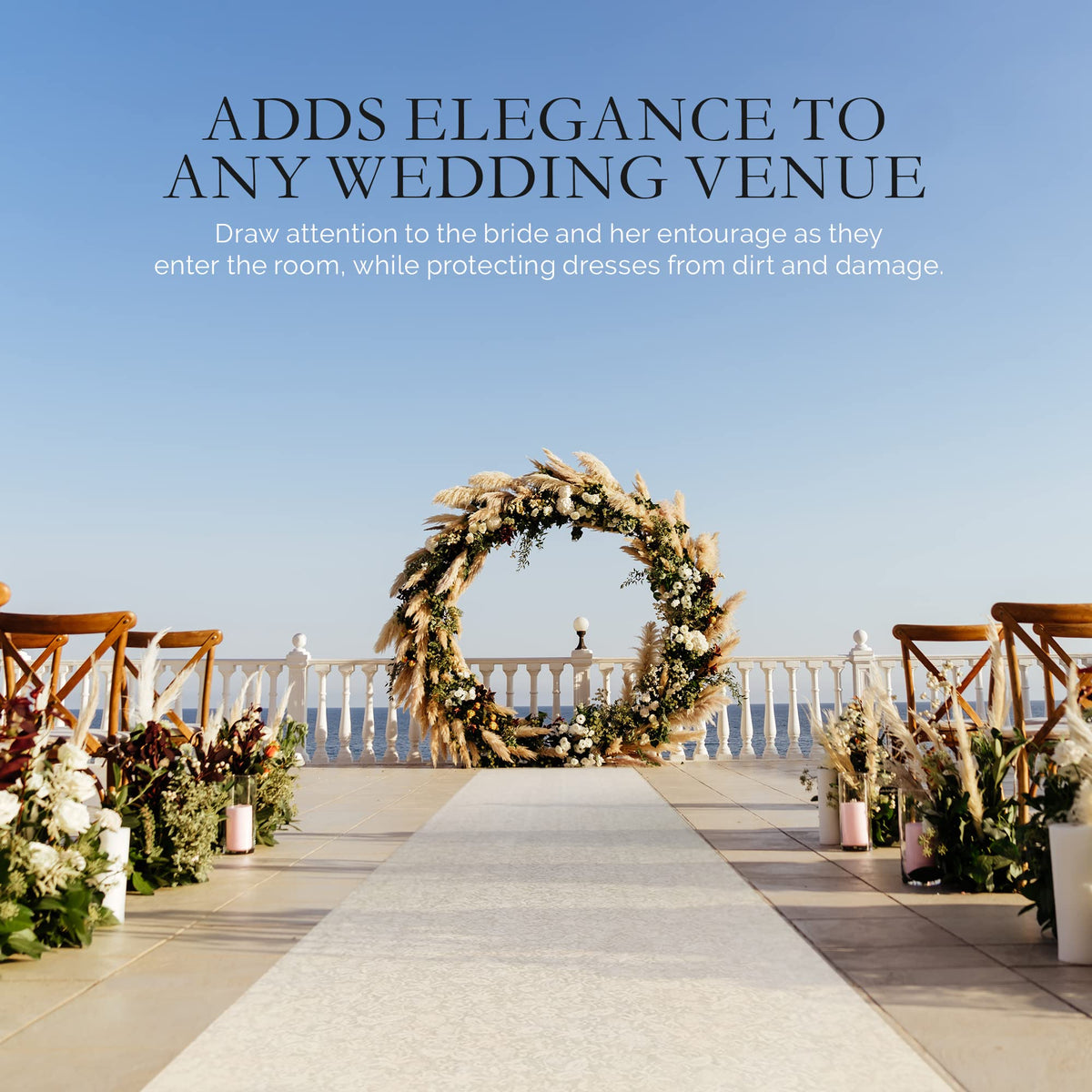 SLS SUPPLY FLORA white floral print aisle runner enhances ceremony ambiance.