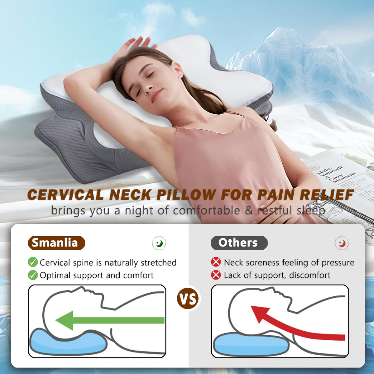 Smanlia cervical neck pillow for back sleepers with lower height for comfort