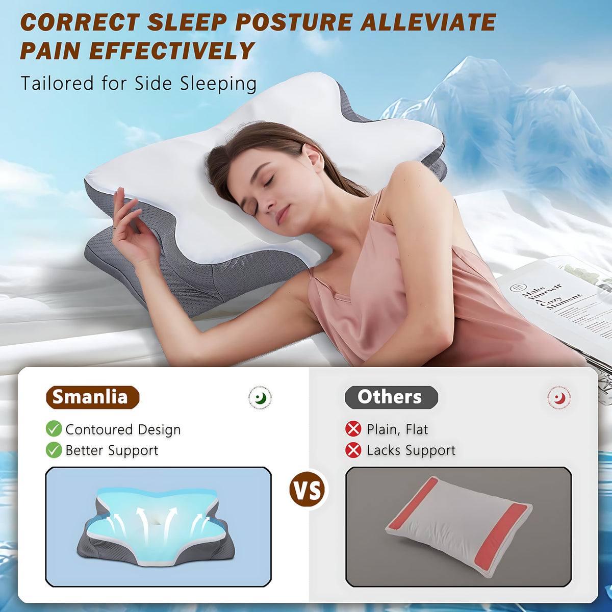 Smanlia memory foam core adapts to neck and shoulder curves