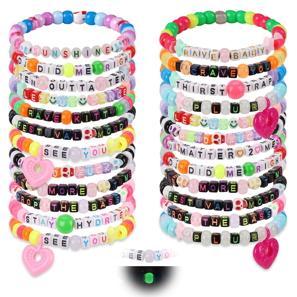 SMAODSGN 32-piece music bracelets set glows in the dark for night festivals.