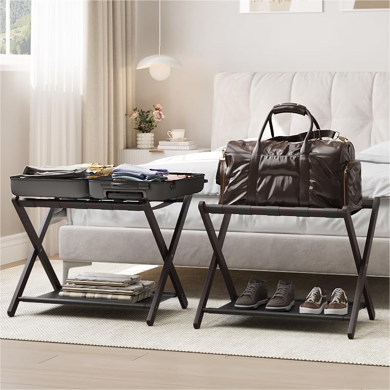 Smart FENDEE bamboo luggage rack with folding top shelf for travel bags.