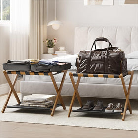 Smart FENDEE luggage rack lower shelf provides extra storage for shoes or bags.