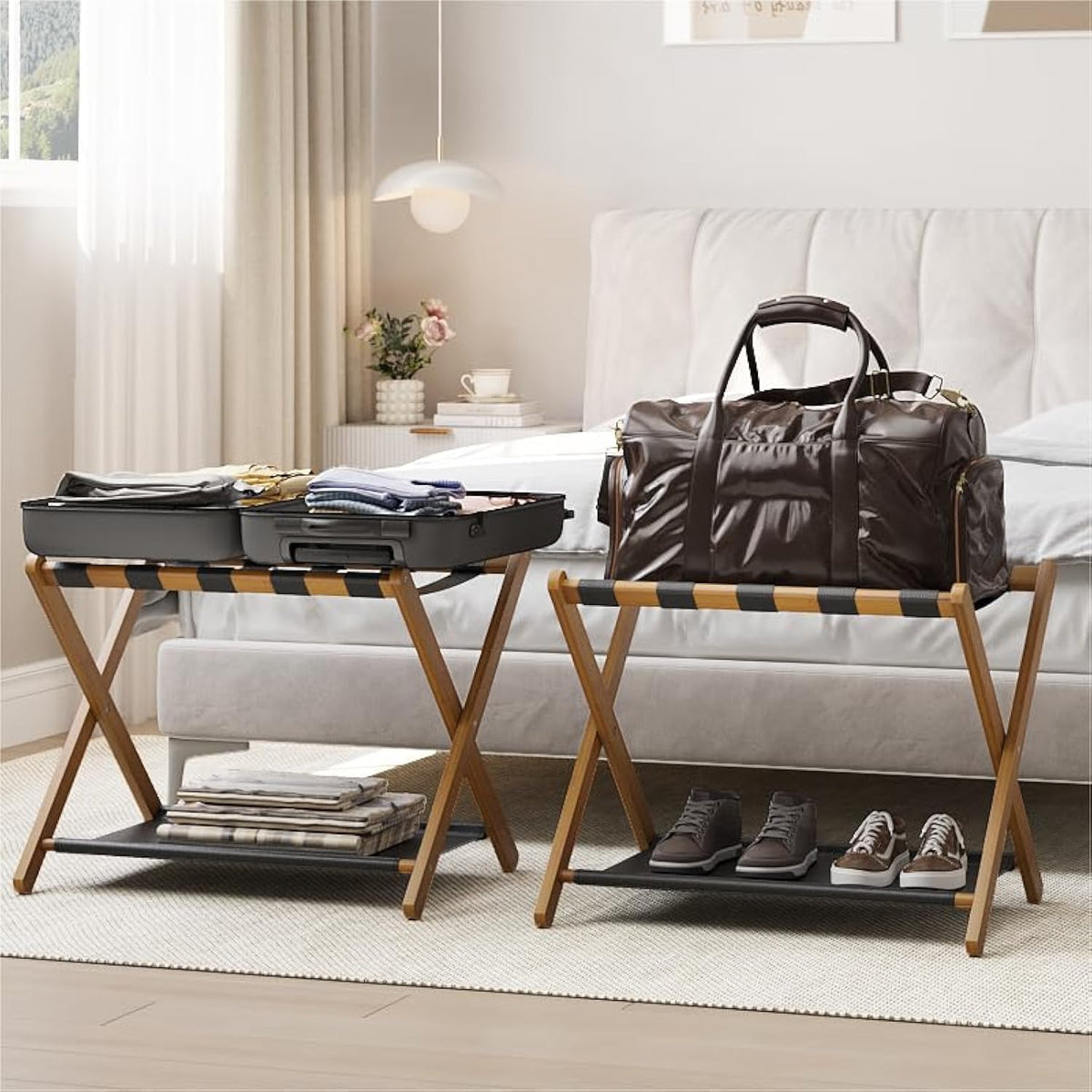 Smart FENDEE 2-pack luggage rack top shelf supports heavy suitcases up to 120 pounds.