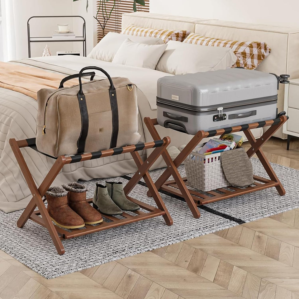 Smart FENDEE bamboo luggage rack fully assembled for instant guest room setup.