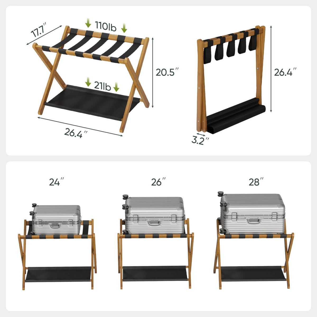 Smart FENDEE folding luggage rack offers compact storage when not in use.