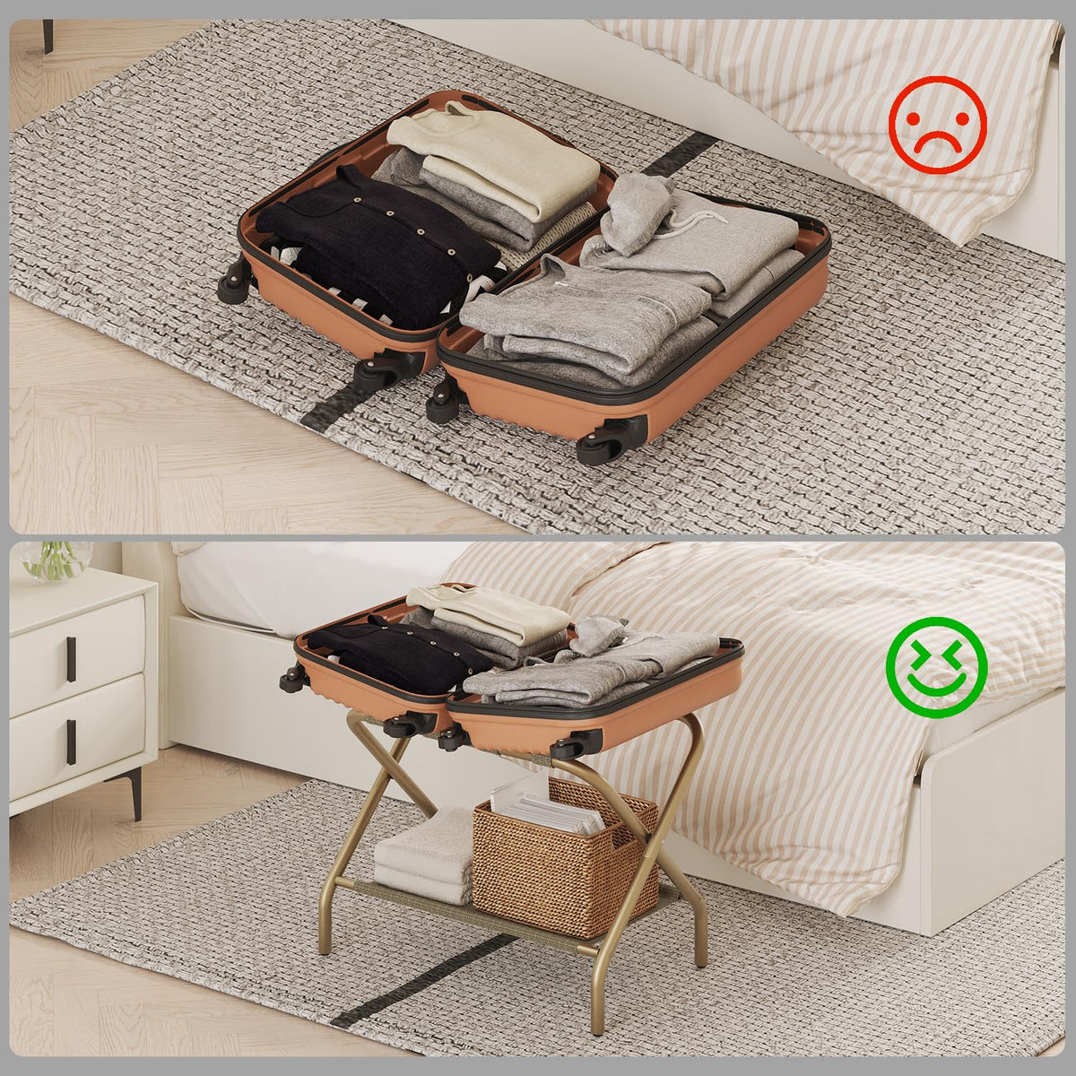 Smart FENDEE folding suitcase stand for easy packing and compact storage.