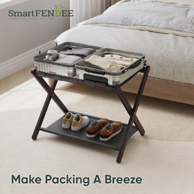 Smart FENDEE hotel luggage rack in use with storage shelf.