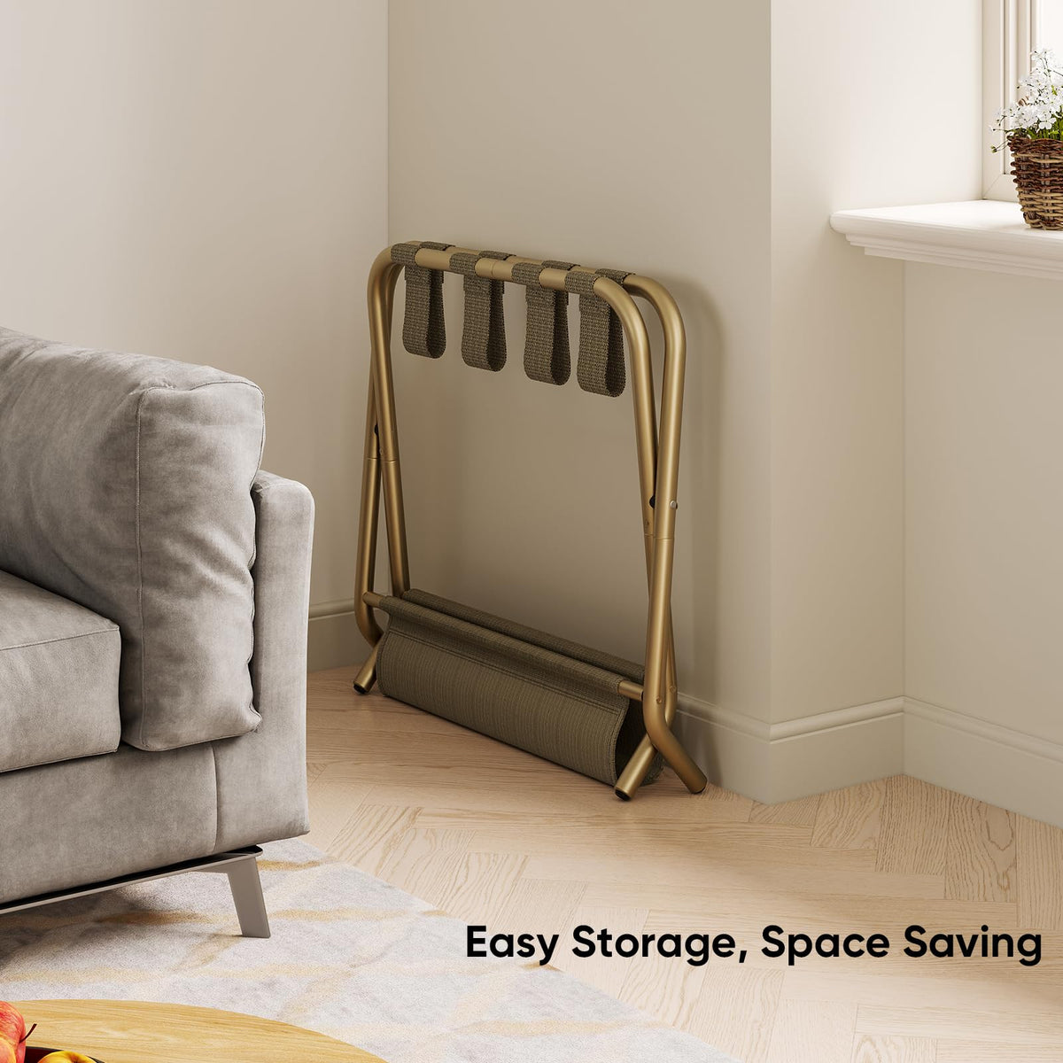 Smart FENDEE luggage rack with shoe shelf provides extra organization for trips.
