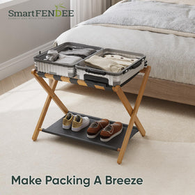 Smart FENDEE luggage stand top shelf supports up to 120 pounds for heavy luggage.