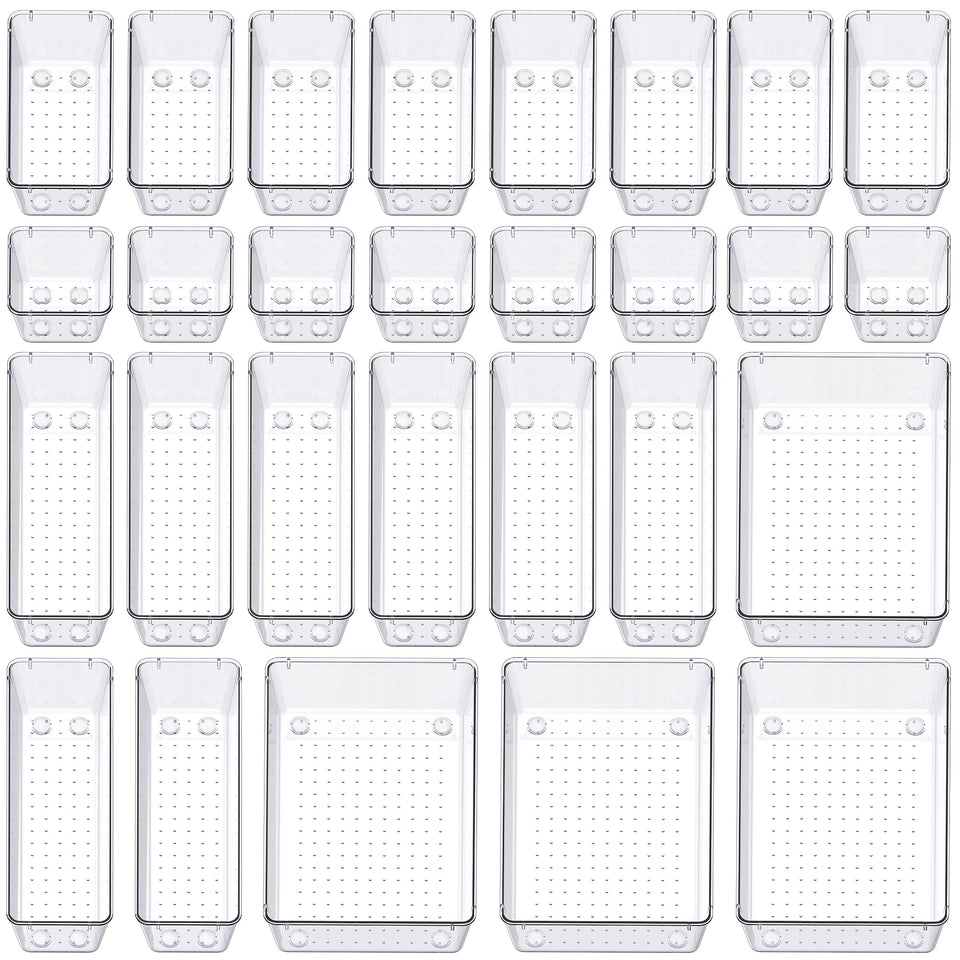 Smartake 28-piece drawer organizers with clear trays keep items neatly separated