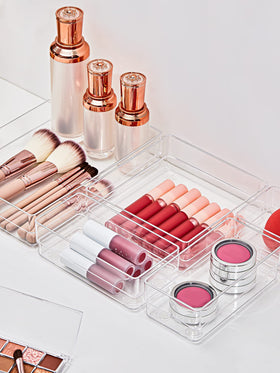 SMARTAKE clear drawer trays offering visibility for cosmetics, tools, and small items.