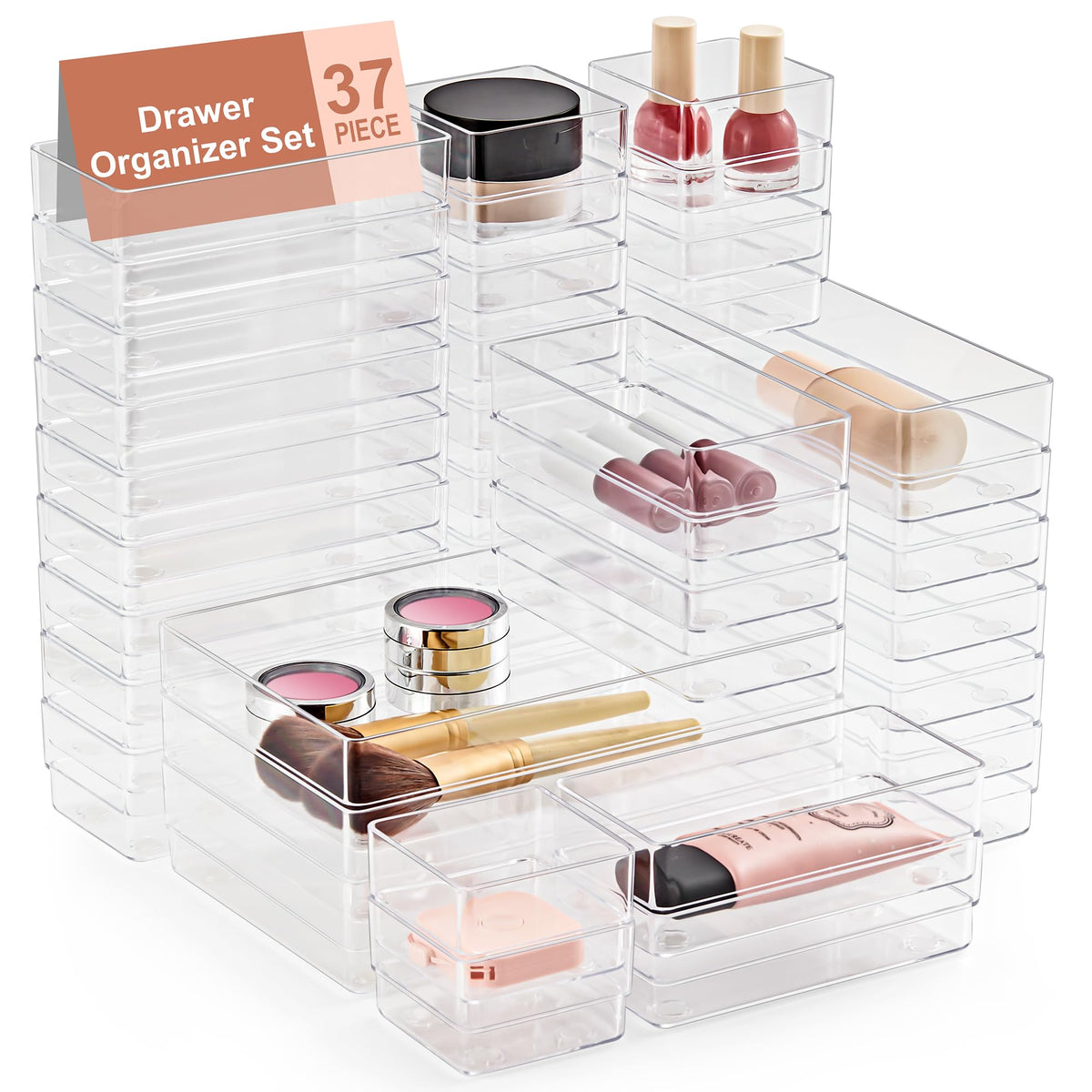 SMARTAKE drawer organizer 37-piece set keeps items neatly arranged in a clear tray.