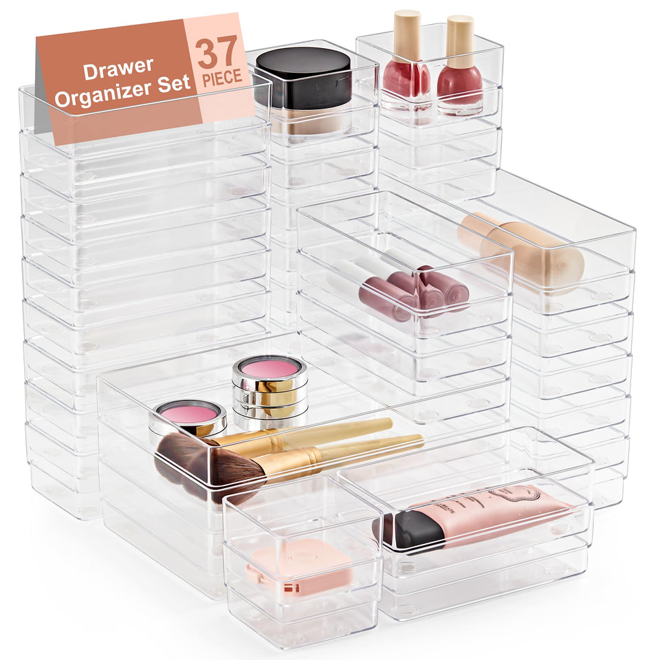 SMARTAKE drawer organizer 37-piece set keeps items neatly arranged in a clear tray.