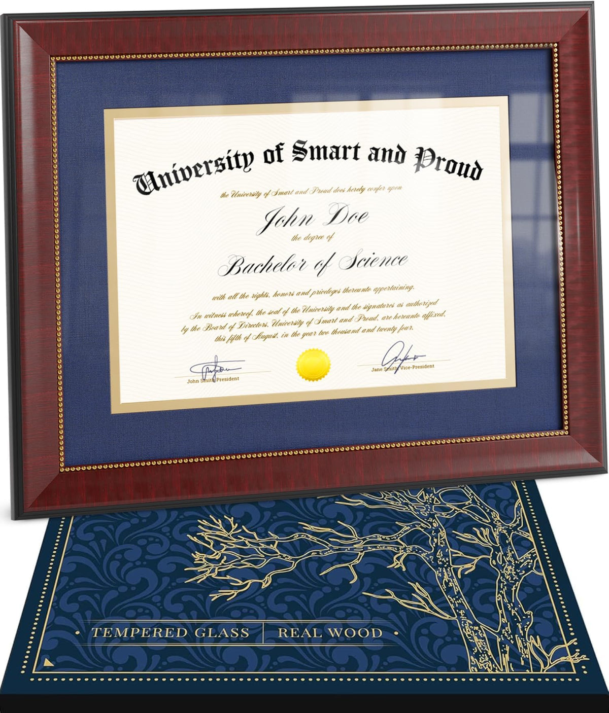 SMART&PROUD diploma frame 8-5x11 with blue rim showcases your certificate at home.