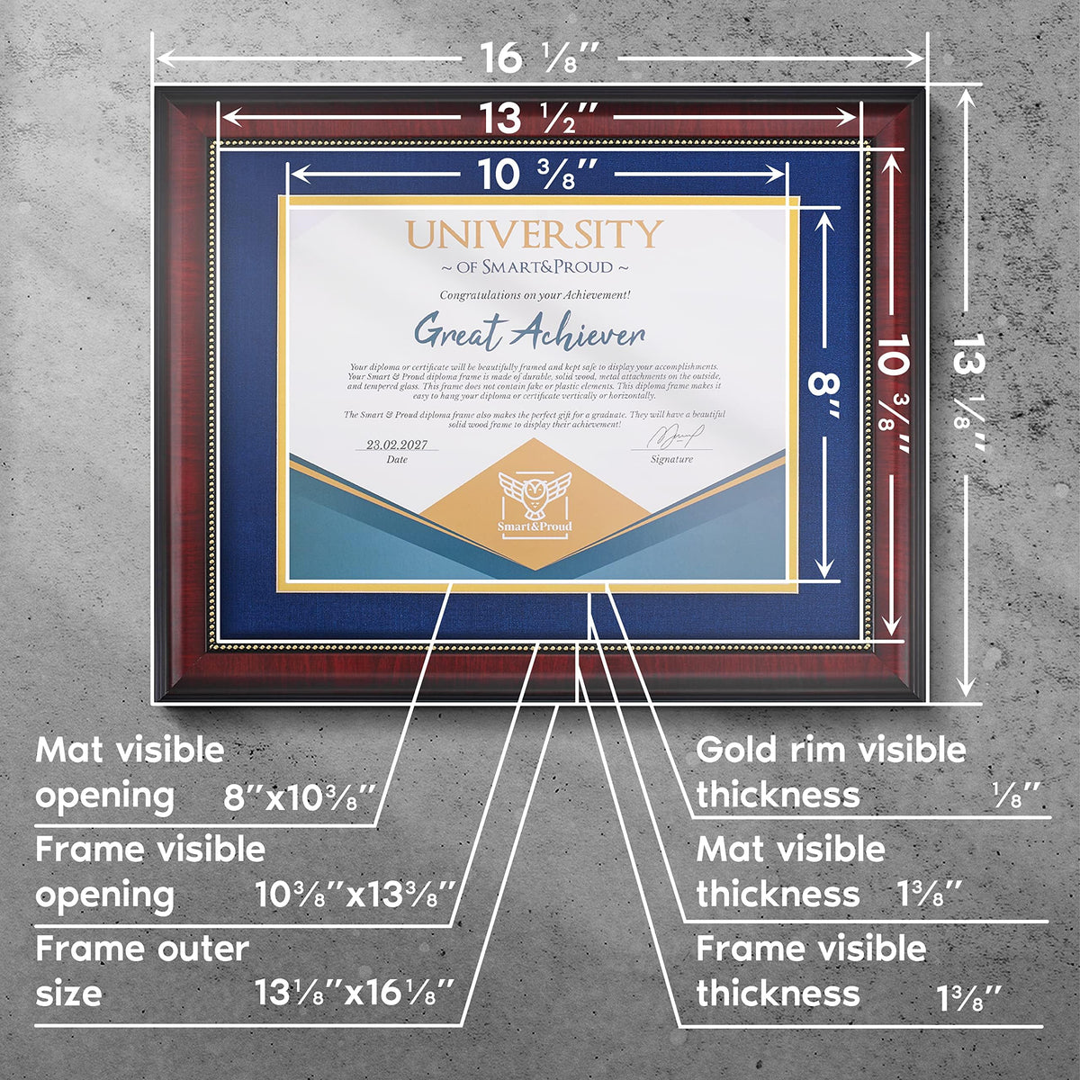 SMART&PROUD blue mat with gold rim highlights the degree elegantly.