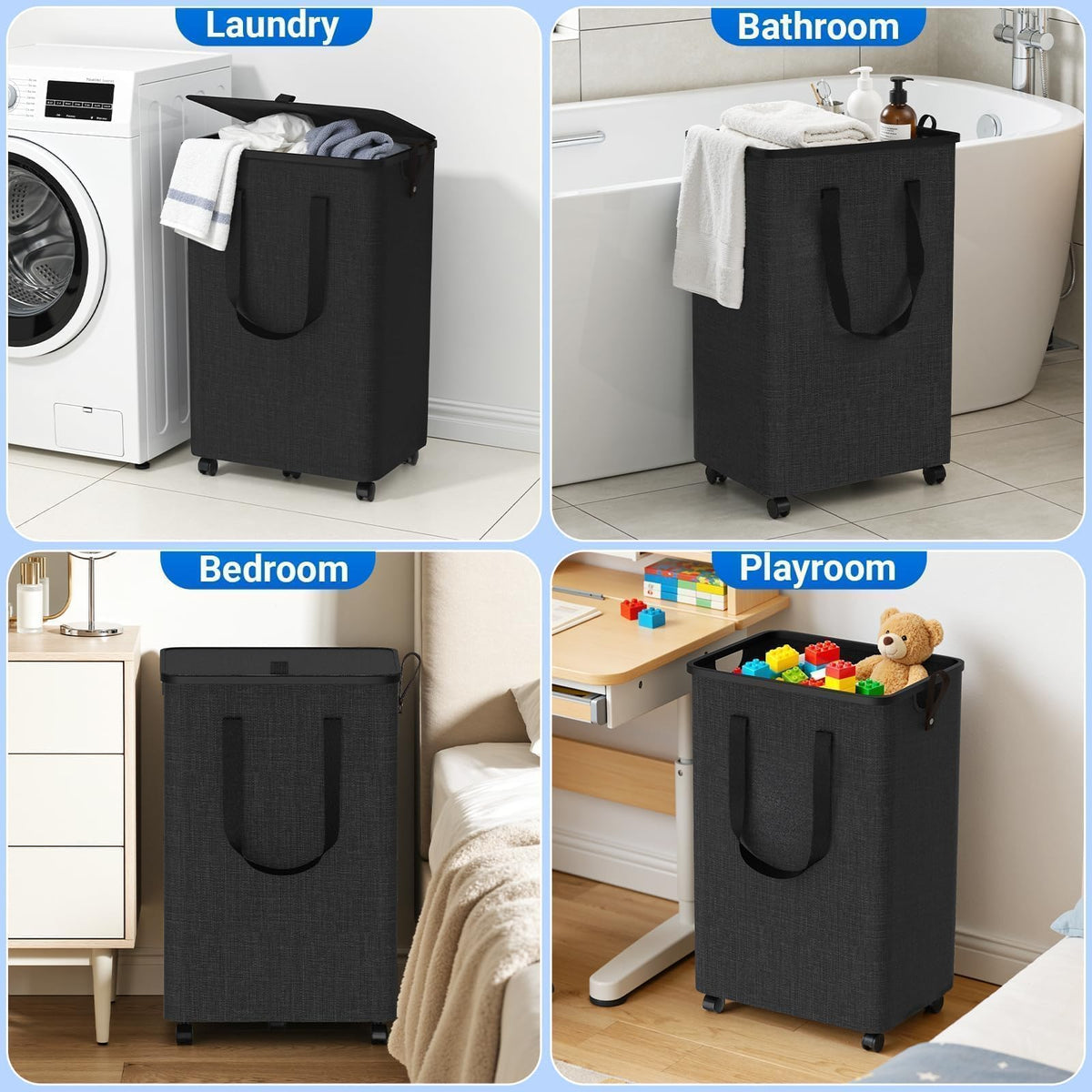 SmartKempt 90L capacity basket holds large loads in bedrooms and bathrooms.