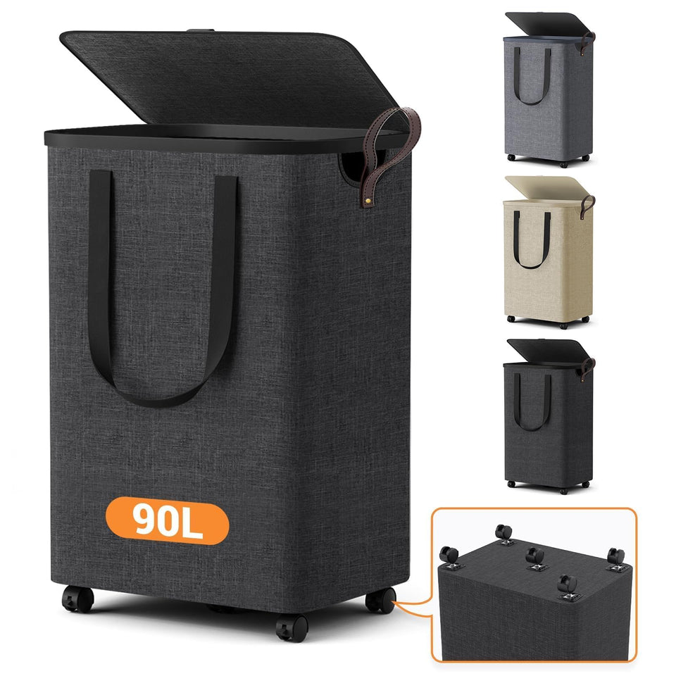 SmartKempt 90L laundry basket with five wheels for smooth movement on any floor.