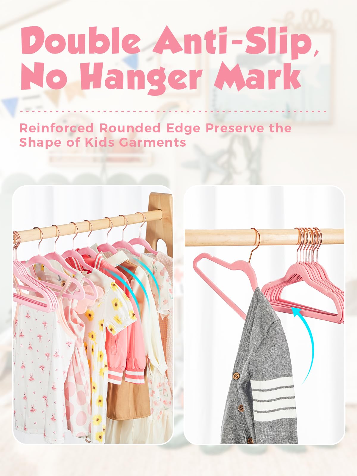 Smartor 14 inch velvet hangers provide space saving for kids wardrobes.