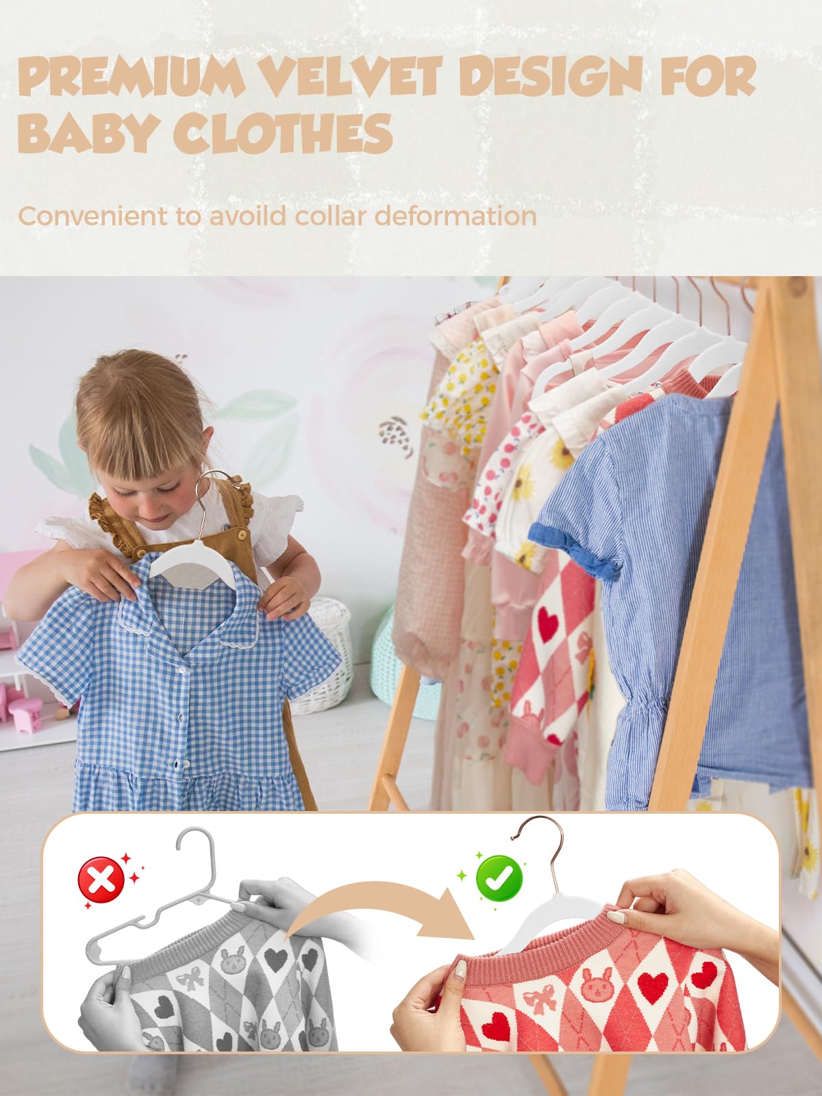 Smartor 50-pack kid hangers simplifies nursery closet organization.