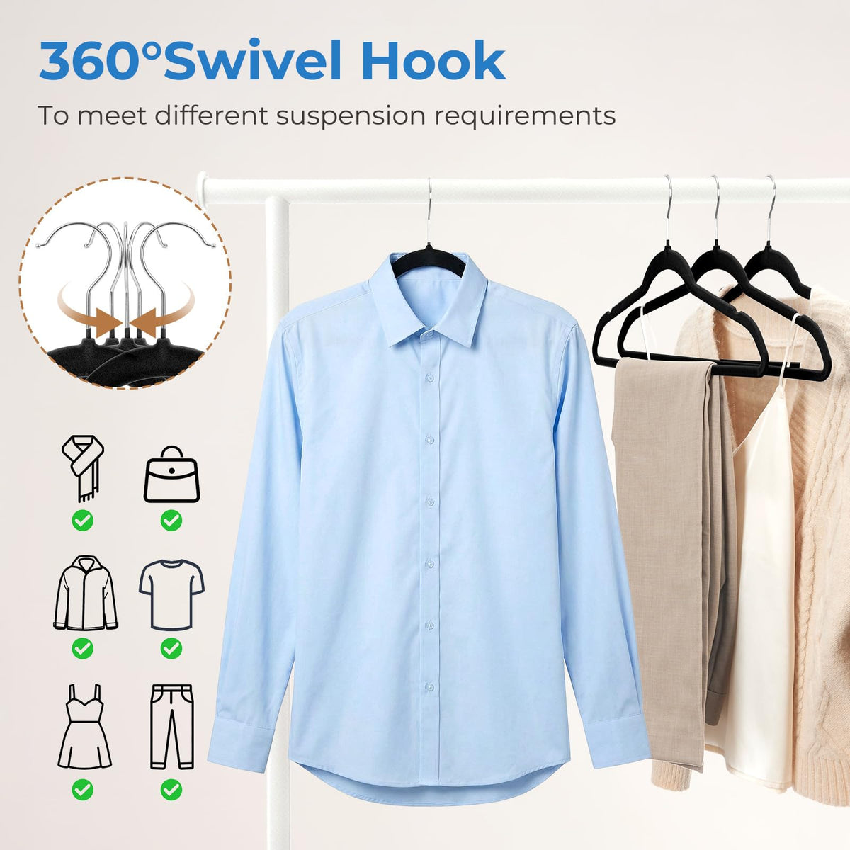 Smartor velvet hangers support coats and knitwear with sturdy construction.
