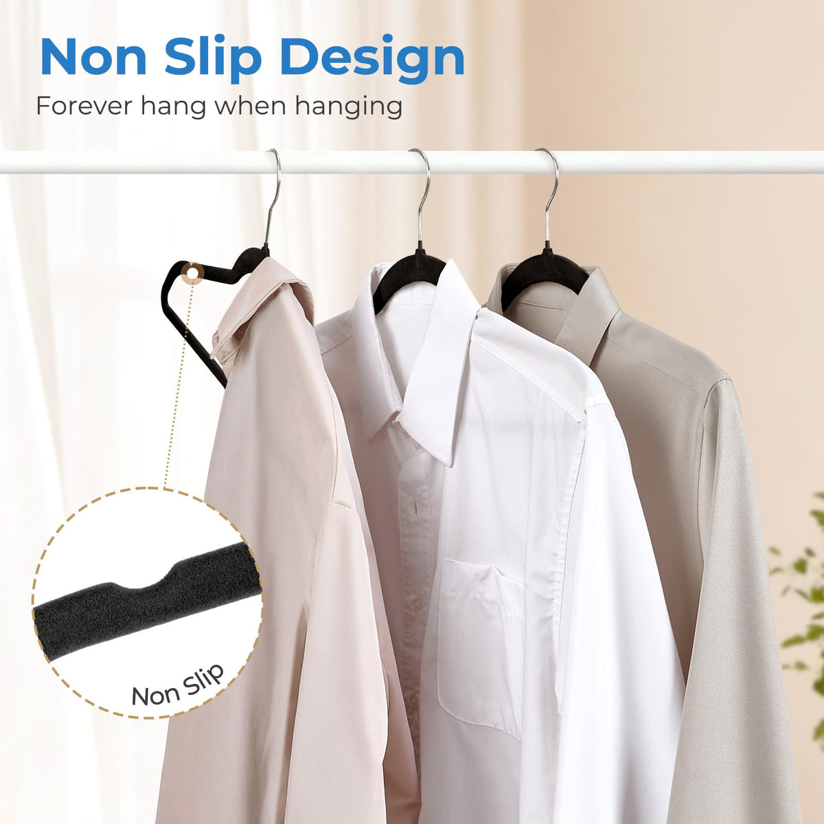 Smartor velvet hangers with shoulder notches keep delicate straps in place.