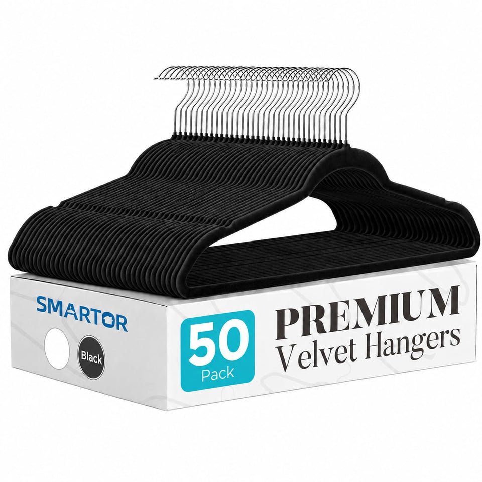 Smartor Black Velvet Hangers with space-saving design maximize closet capacity.