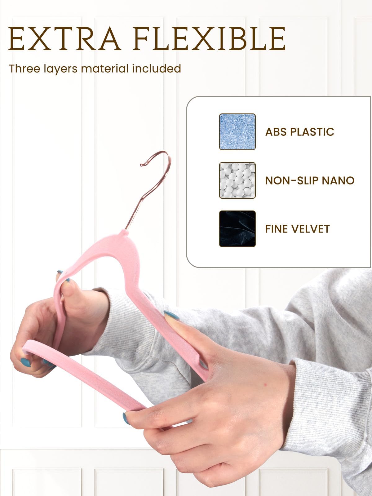 Durable ABS core supports heavy garments with velvet grip.