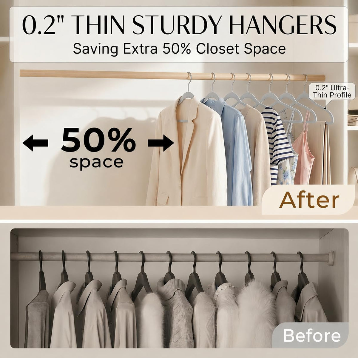 Smartor grey 50-pack keeps garments neatly in a compact closet.