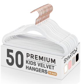 Smartor Kids Velvet Hangers with rose-gold hook hold outfits securely.