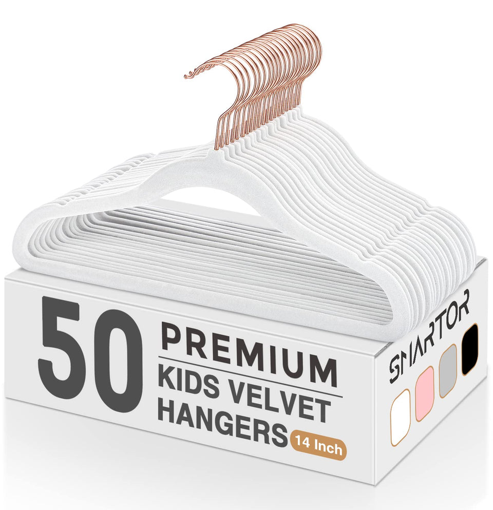 Smartor Kids Velvet Hangers with rose-gold hook hold outfits securely.