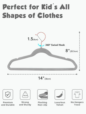 Smartor Kids hangers with grooved shoulders keep garments neatly in place.