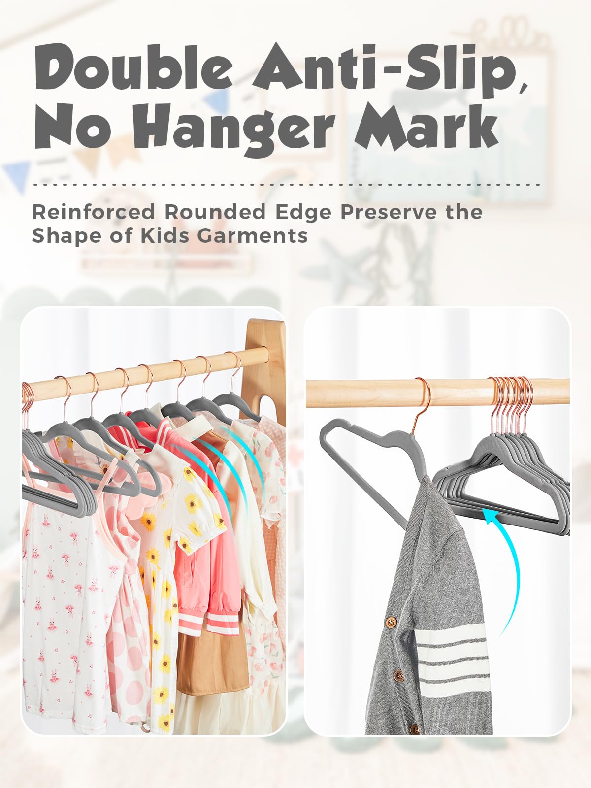 Smartor velvet hangers with non-slip shoulders prevent slips in kids outfits.