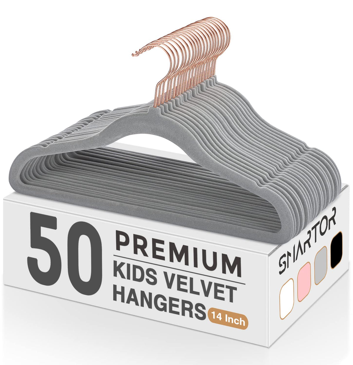 Smartor Kids Velvet Hangers with rose gold hook, 14-inch size, space-saving closet solution.